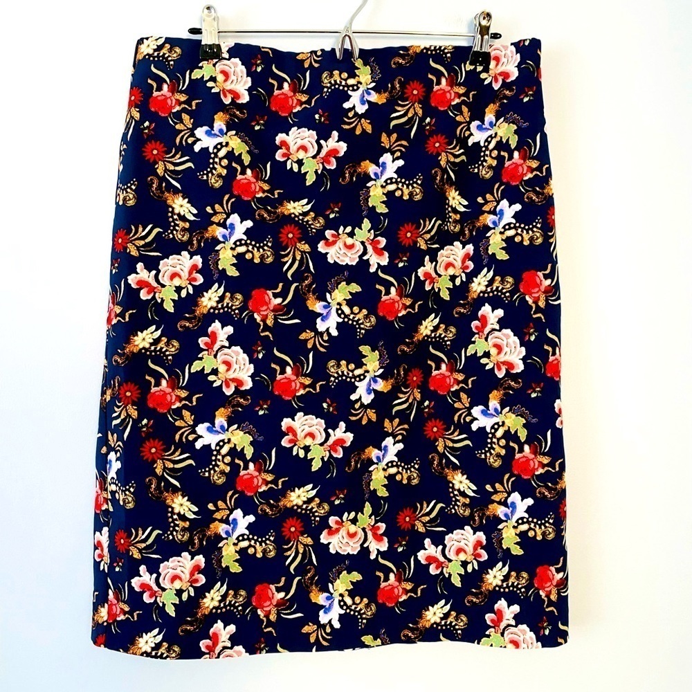 Philosophy Skirt Womens 14 Blue Floral Pencil Zipup Stretch Elastic Waist Slit